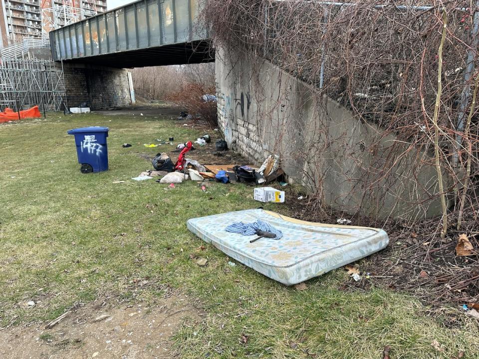 Signs of homeless people living near the Legacy Beacon construction site on Windsor's riverfront at Caron Avenue, January 2024.