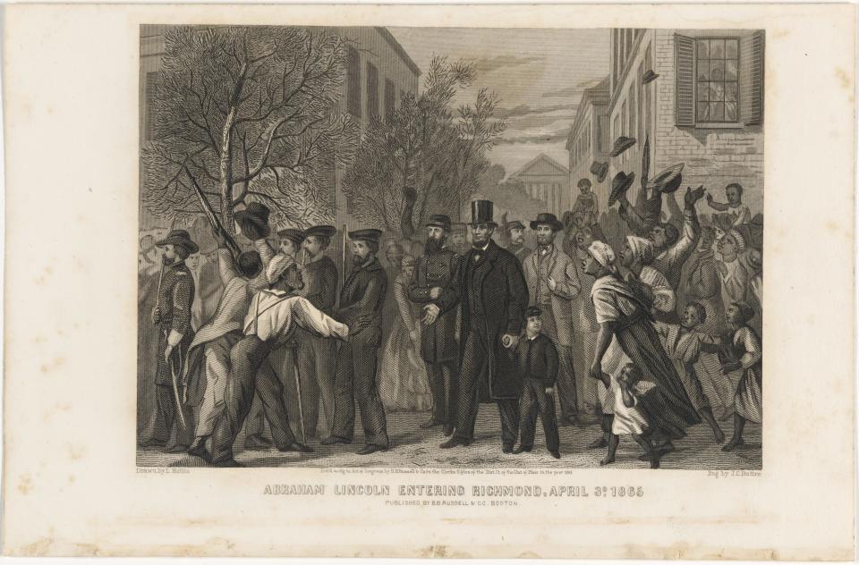 With victory for the Union all but certain after the fall of Richmond on April 3, 1865, the following day Abraham Lincoln traveled by boat to the Confederate capital, accompanied by a party that included his young son Tad, Admiral David Dixon Porter, and a small contingent of marines. This print was copied after an eyewitness drawing of the jubilation for Lincoln.