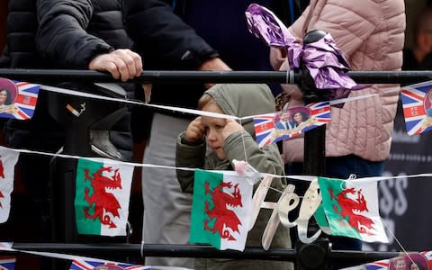 A child adjusts his hood as people wait for the Royal Regiment of Scotland band - Credit: Alastair Grant/AP