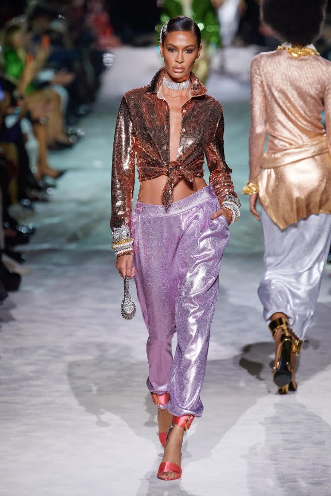 Metallic low-rise harem pants at Tom Ford. - Credit: Courtesy of Tom Ford