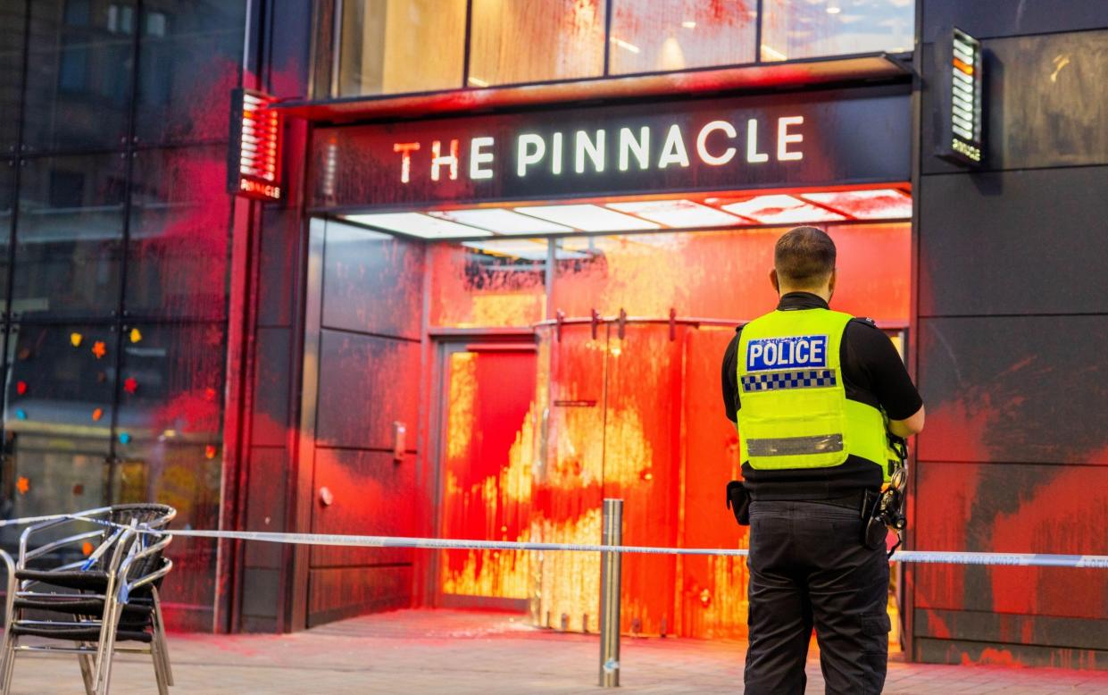 The paint-sprayed entrance to The Pinnacle building, where JP Morgan has its Leeds offices