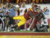 LOS ANGELES, CA - OCTOBER 29: Wide receiver Marqise Lee #9 of the USC Trojans dives but can't hold onto a pass in the end zone against the Stanford Cardinal at the Los Angeles Memorial Coliseum on October 29, 2011 in Los Angeles, California. (Photo by Stephen Dunn/Getty Images)