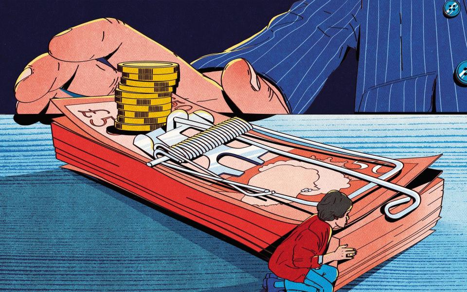 Mouse trap filled with money illustration - María Jesús Contreras