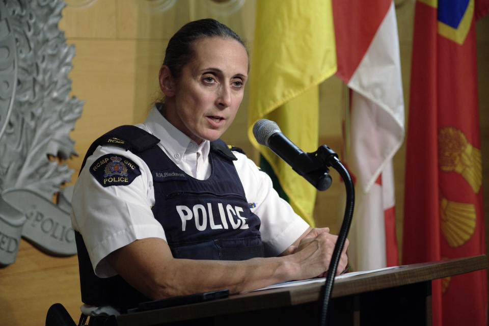 Assistant Commissioner Rhonda Blackmore, commander of the RCMP in Saskatchewan speaks during a press conference at RCMP "F" Division Headquarters in Regina, Saskatchewan on Wednesday Sept. 7, 2022. Myles Sanderson, the final suspect in a stabbing rampage that killed 10 people in and around a Canadian Indigenous reserve died after being arrested by police Wednesday following a three-day manhunt, authorities said. (Michael Bell/The Canadian Press via AP)