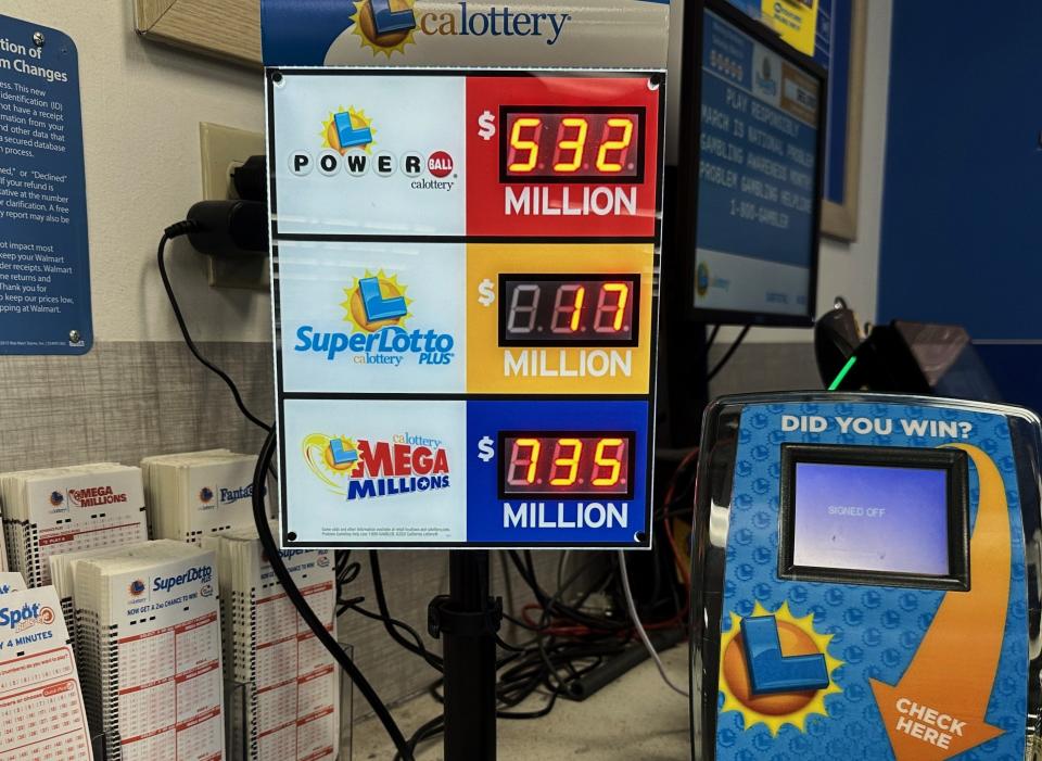 Three popular lotteries in California – Powerball, Mega Millions and SuperLotto Plus – had combined top jackpots of nearly $1.3 billion for drawings heading into Monday, March 11, 2024.