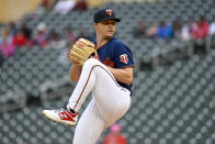 Minnesota Twins pitcher Sonny Gray winds up during the first inning of the team's baseball game against the Detroit Tigers on Tuesday, May 24, 2022, in Minneapolis. (AP Photo/Craig Lassig)