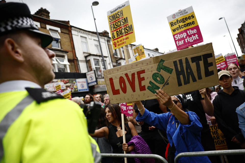 Thousands of riot police were on standby on Wednesday as Britain remained on alert for unrest during far-right protests across the country. (Benjamin Cremel/AFP - Getty Images)