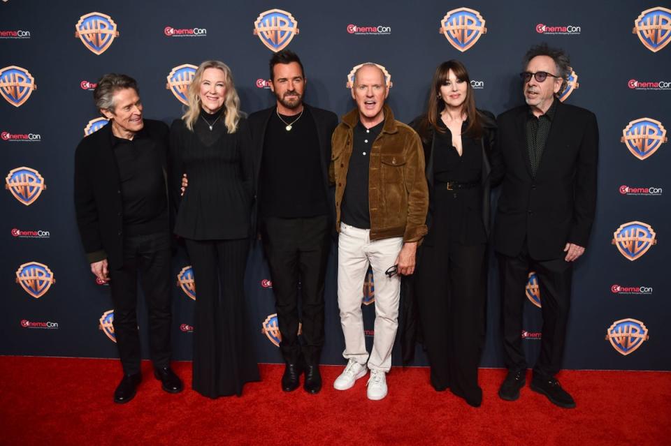 Willem Dafoe, Catherine O’Hara, Justin Theroux, Michael Keaton, Monica Bellucci, and Tim Burton appear at CinemaCon (Getty Images for CinemaCon)