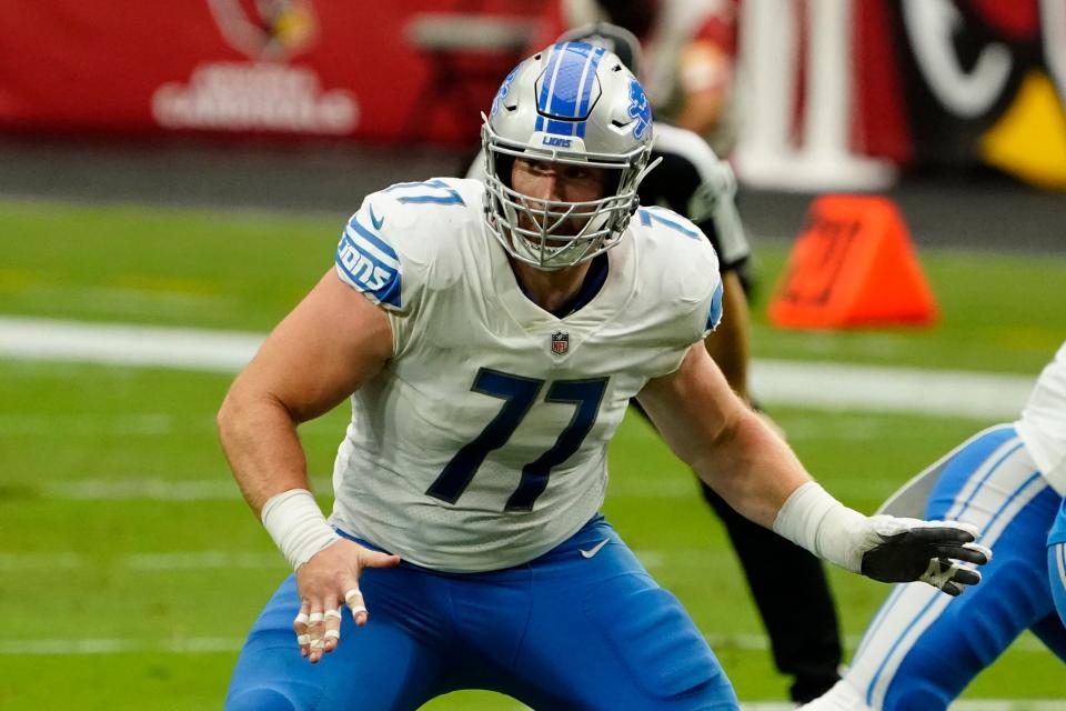 FILE - Detroit Lions center Frank Ragnow (77) plays during an NFL football game against the Arizona Cardinals in Glendale, Ariz., in this Sunday, Sept. 27, 2020, file photo. The Detroit Lions have signed Pro Bowl center Frank Ragnow to a $54 million, four-year extension that keeps him under contract through the 2026 season. The team announced the deal Friday, May 7, 2021, investing in one of the franchise's building blocks under general manager Brad Holmes and coach Dan Campbell.(AP Photo/Rick Scuteri)