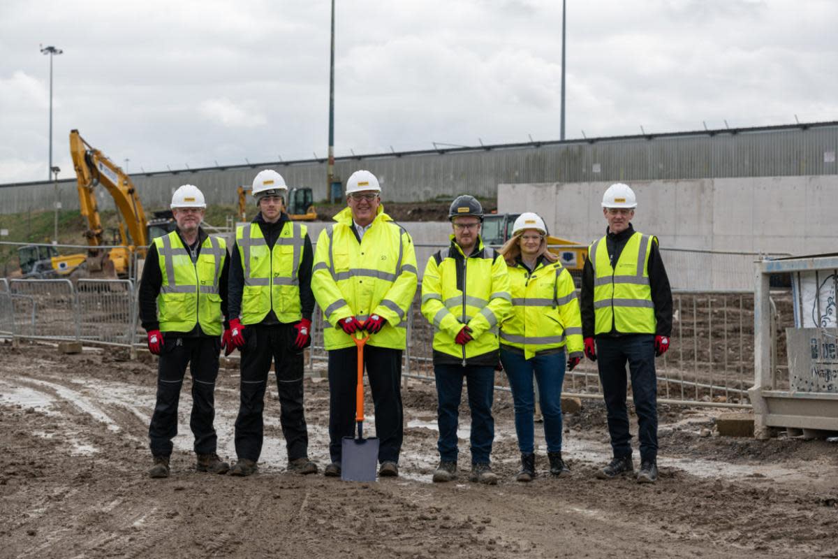 Jason Hardwick, LBA, Rio Masters, LBA apprentice, Vincent Hodder, CEO of LBA, Darren McIvor, Project Manager, Farrans Construction, Helen Rhodes, LBA apprentice and Charles Johnson, Head of Planning Development for LBA, break ground on the new LBA <i>(Image: UGC)</i>