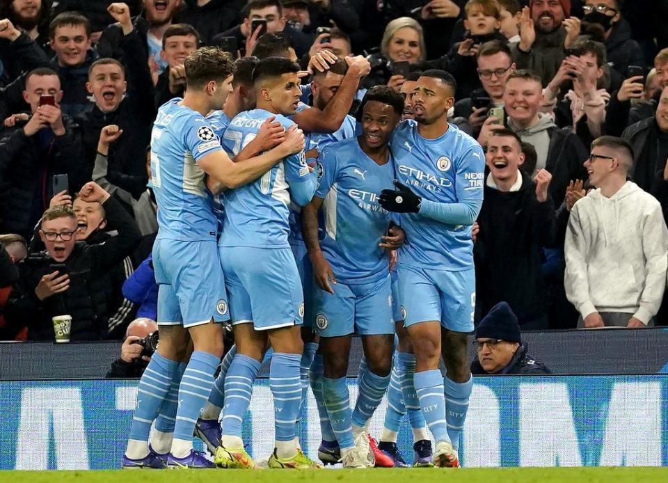 City celebrate Raheem Sterling’s equaliser (Martin Rickett/PA) (PA Wire)