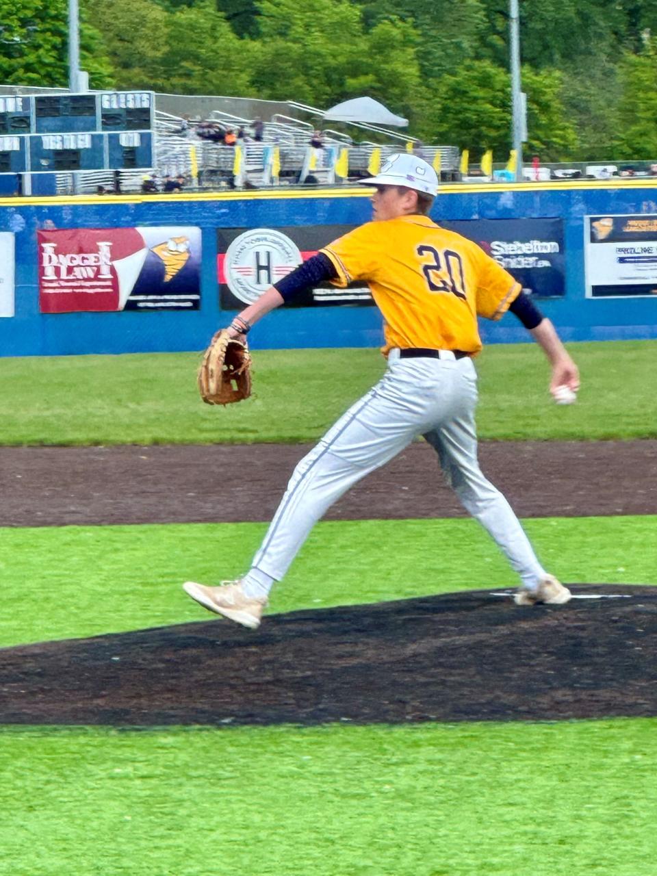 Lancaster sophomore pitcher Coleson Ross gets set to deliver a pitch against Bloom-Carroll on Saturday at England Field. He pitched four-plus innings to pick up the win the Gales' 6-2 victory.