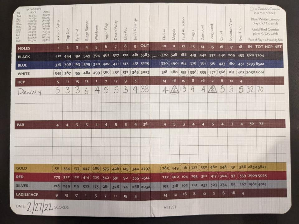 Danny Syring's scorecard for his round Feb. 27 that included two double eagles