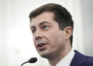 Transportation Secretary nominee Pete Buttigieg speaks during a Senate Commerce, Science and Transportation Committee confirmation hearing on Capitol Hill, Thursday, Jan. 21, 2021, in Washington. (Ken Cedeno/Pool via AP)