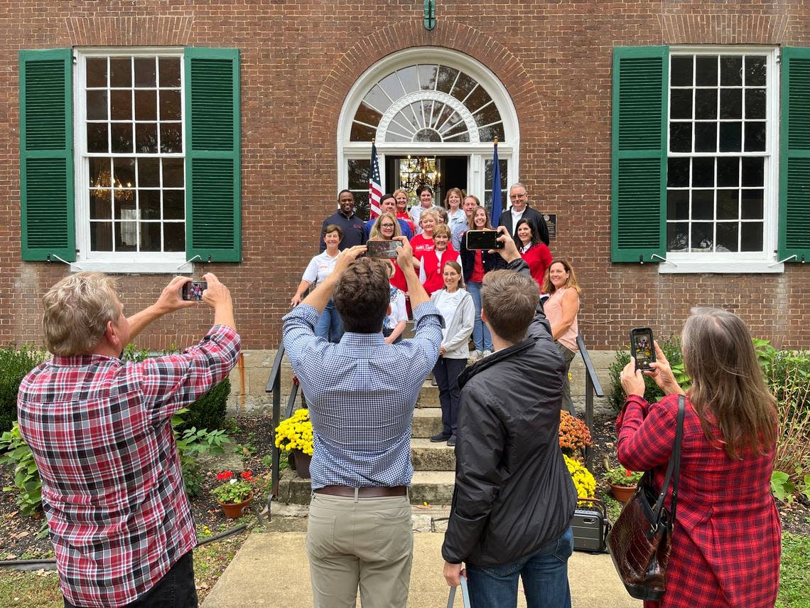 On the front steps of Wickland, Home of Three Governors in Bardstown, GOP nominee for Kentucky governor Attorney General Daniel Cameron joined other Republican candidates at a fall social.