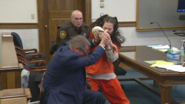 Taylor Schabusiness attacks her attorney, Quinn Jolly, in Brown County court Tuesday in Green Bay. Schabusiness is charged with first-degree intentional homicide, mutilating a corpse and third-degree sexual assault in the killing of Shad Thyrion, 25, in February 2022.