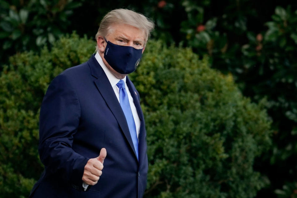 U.S. President Donald Trump leaves the White House for Walter Reed National Military Medical Center on the South Lawn of the White House on October 2, 2020 in Washington, D.C.<span class="copyright">Drew Angerer—Getty Images</span>