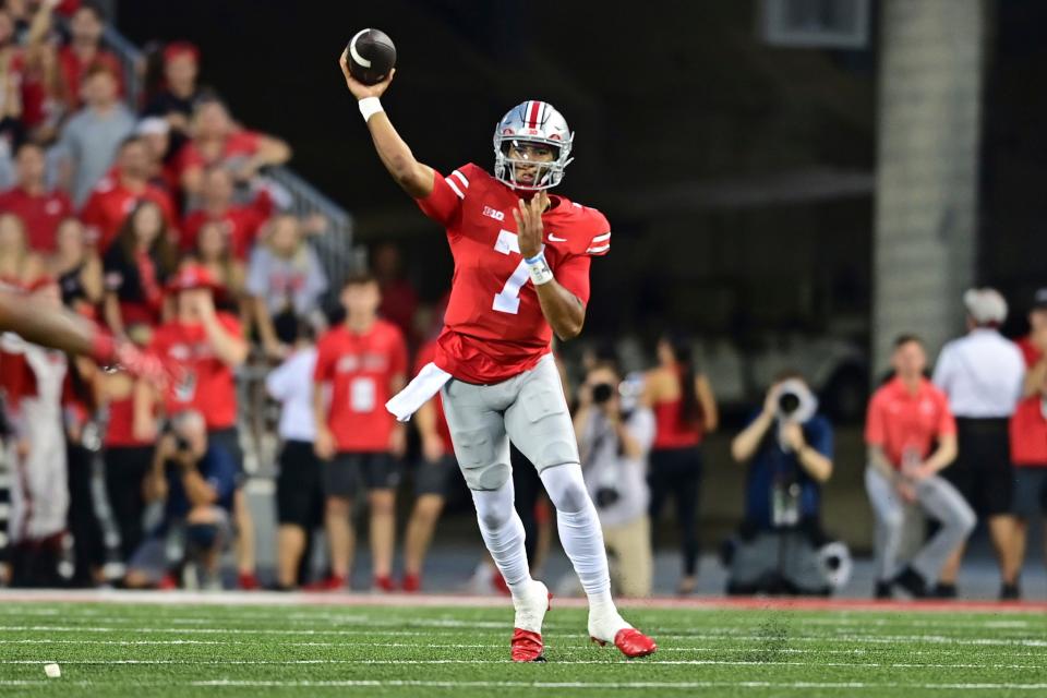Ohio State quarterback C.J. Stroud throws during the first quarter of an NCAA college football game against Notre Dame, Saturday, Sept. 3, 2022, in Columbus, Ohio. (AP Photo/David Dermer)