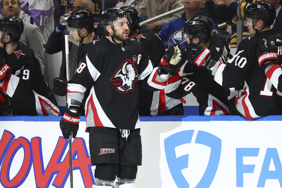 Buffalo Sabres left wing Zemgus Girgensons (28) celebrates his goal during the second period of an NHL hockey game against the Vegas Golden Knights Saturday, March 2, 2024, in Buffalo, N.Y. (AP Photo/Jeffrey T. Barnes)