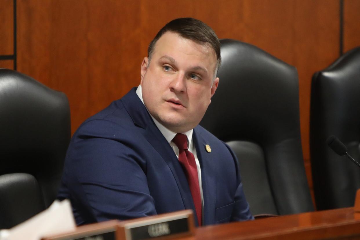 Chairman Matt Hall begins a meeting where President Trump’s attorney Rudy Giuliani questions witnesses as they present testimony regarding alleged election irregularities to the Michigan House Oversight Committee Wednesday, Dec. 2, 2020 at the Anderson House Office Building in Lansing.