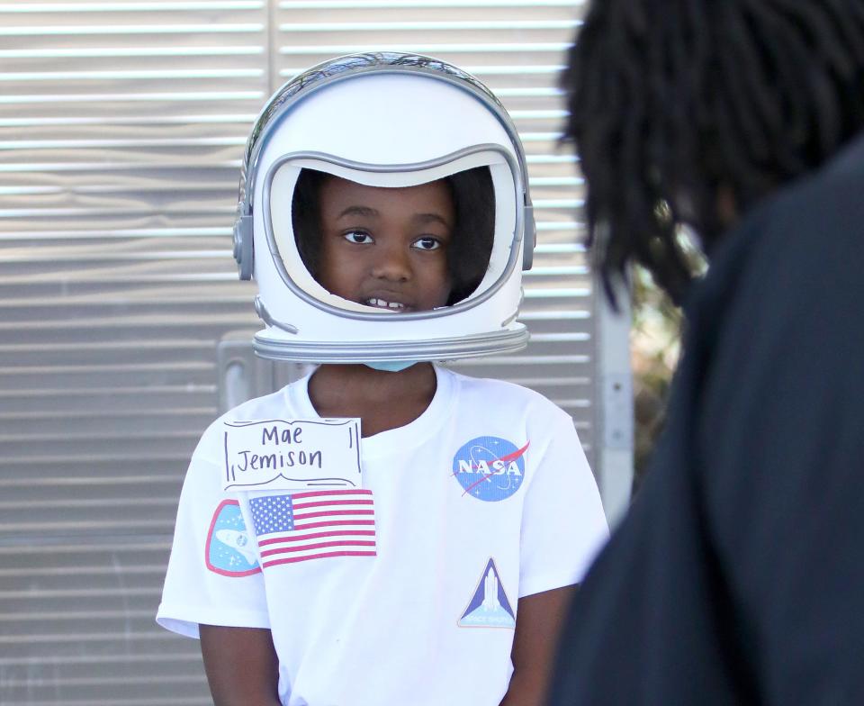 Promise Smith talks about her character, astronaut Mae Jemison, the first Black woman to travel into space, on Wednesday at Boulware Springs Charter School.