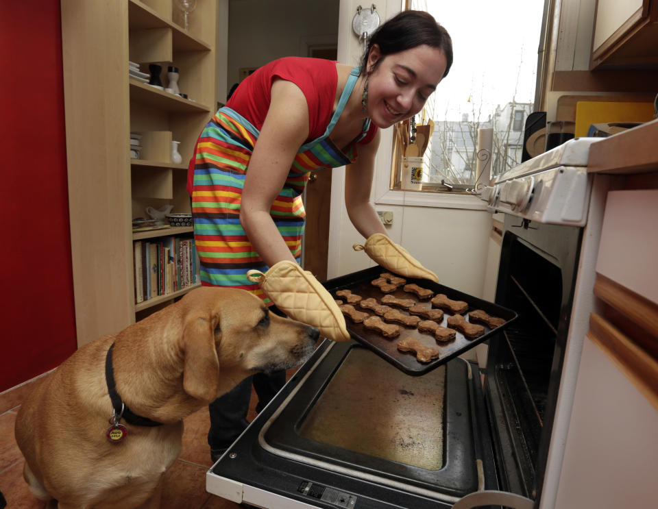 In this Saturday, Dec. 15, 2012 photo, New York pet columnist for the magazine "Everyday with Rachael Ray," Sarah Zorn and her dog Rowdy pose for photos with her gingerbread holiday dog biscuits, in her home in Brooklyn, N.Y. The holidays might be the easiest time of the year to cook for dogs because human menus can be so easily adapted to their needs, said Zorn. (AP Photo/Richard Drew)