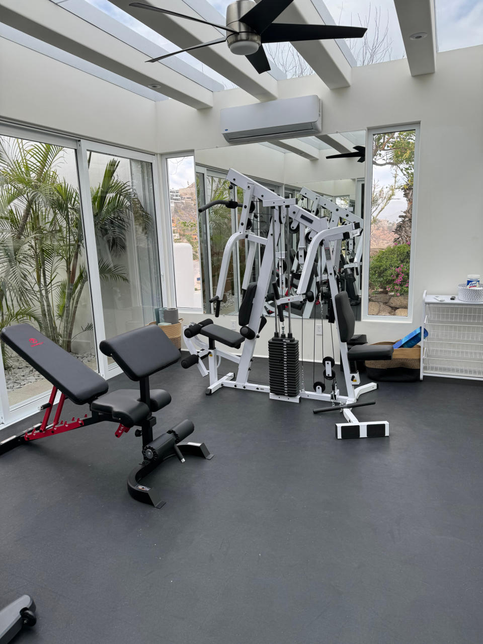 Home gym with weight machines, benches, and a mirrored wall, surrounded by glass windows overlooking outdoor greenery
