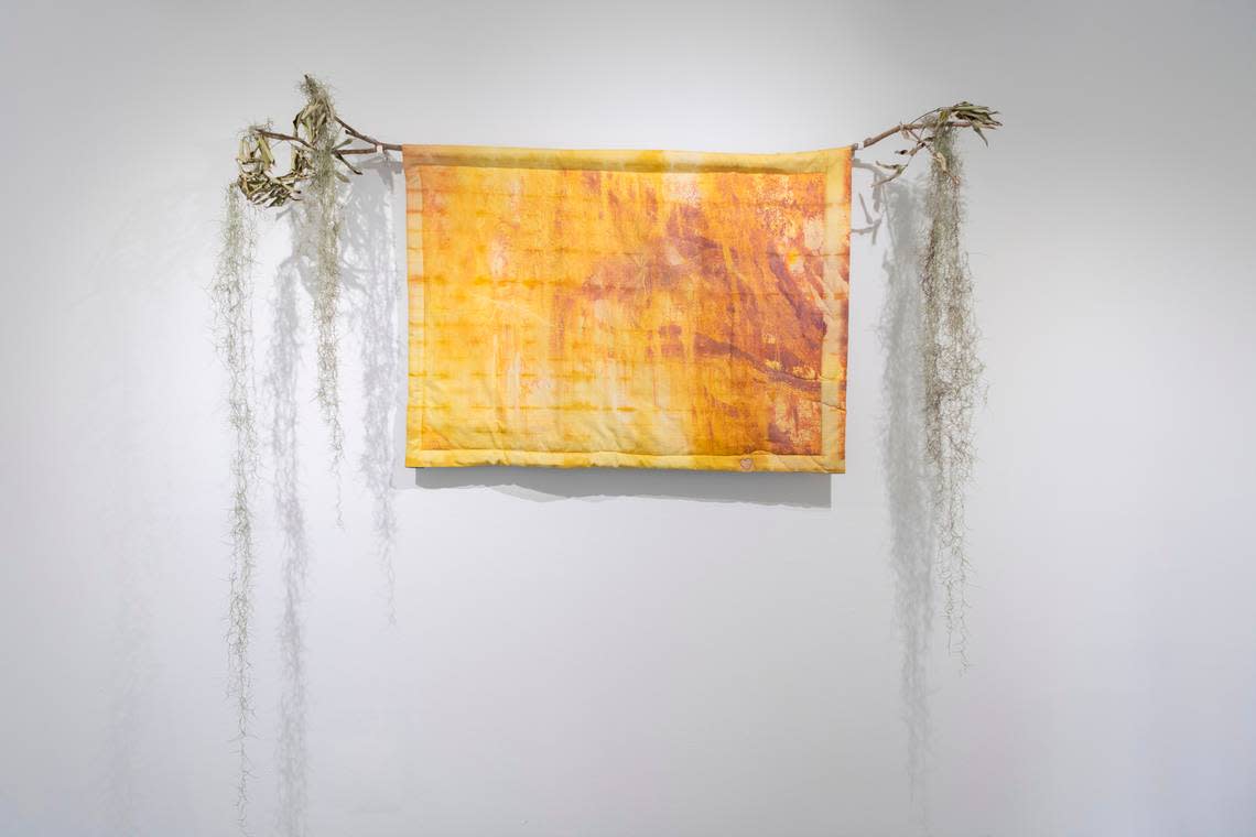 “Hung by a thread” by artist Diana Eusebio. Her work is on display at “Bounce,” an art exhibition at Oolite Arts in Miami Beach.