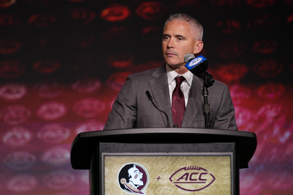 FILE - Florida State head coach Mike Norvell participates during the Atlantic Coast Conference NCAA college football media days Wednesday, July 26, 2023, in Charlotte, N.C. Florida State opens their season at home against LSU on Sept. 3. (AP Photo/Erik Verduzco, File)