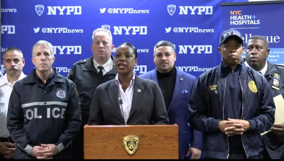 This photo provided by NYPD, New York City Police Commissioner Keechant Sewell address the media during a news conference on Saturday, Dec. 31, 2022.  A man wielding a machete attacked three police officers at the New Year’s Eve celebration in New York City, authorities said, striking two of them in the head before an officer shot the man in the shoulder. The two officers were hospitalized, one with a fractured skull and the other with a bad cut, but expected to recover.