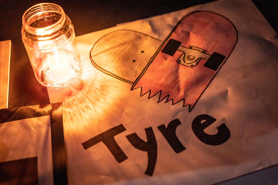 A memorial to Tyre Nichols is seen at the Regency Community Skate Park in Sacramento on Jan. 30, 2023.