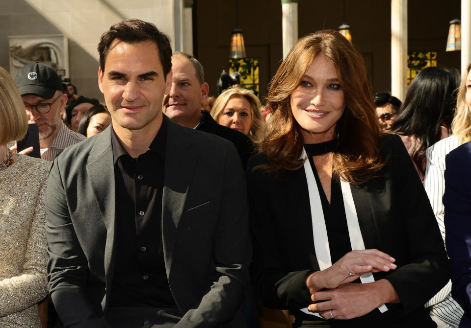 Roger Federer and Carla Bruni attend the press conference for the 2023 Met Gala celebrating "Karl Lagerfeld: A Line Of Beauty.”