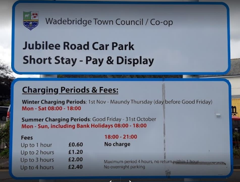 Jeremy Dalton had been checking parking terms at the Jubilee Road car park in Wadebridge, Cornwall. (Google)