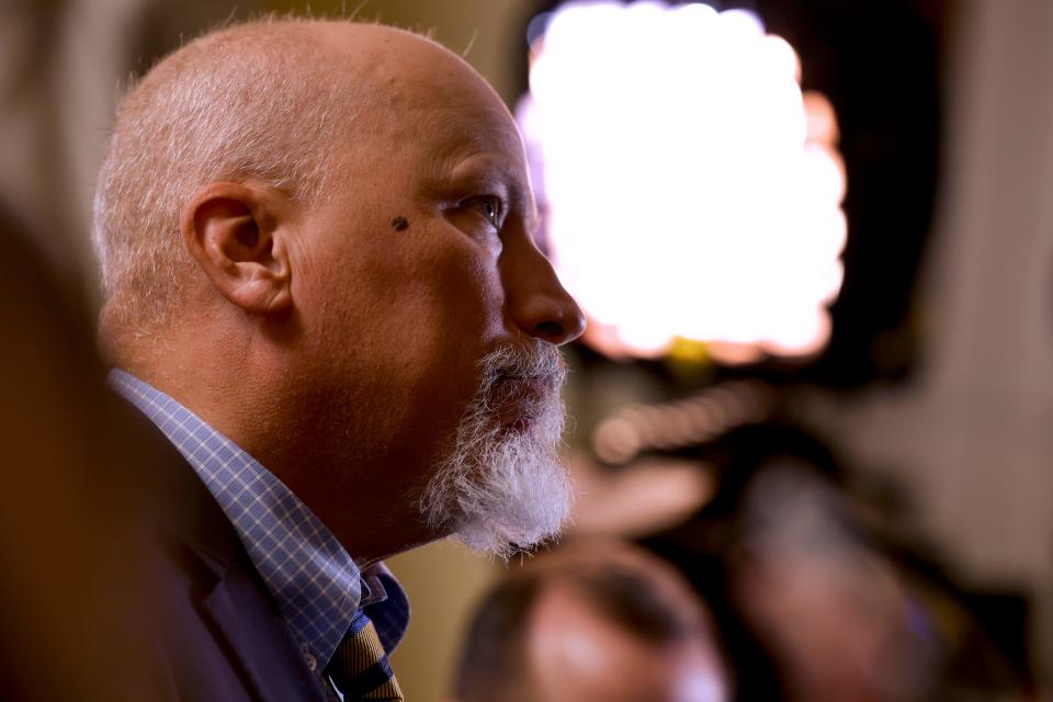 U.S. Rep. Chip Roy, R-Texas, speaks to reporters about his opposition to U.S. Speaker of the House Mike Johnson's, R-La., proposed government funding legislation inside the U.S. Capitol building on November 13, 2023 in Washington, DC.