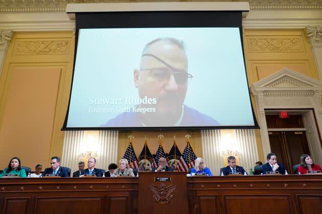 A video of Stewart Rhodes, head of the Oath Keepers, speaking during an interview with the Jan. 6 committee is shown at the hearing Tuesday. (Photo: Andrew Harnik/Associated Press)