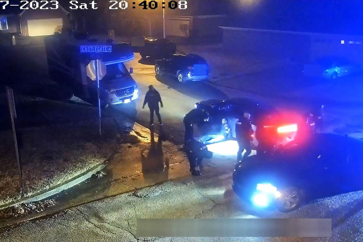 This still image from a Memphis street-cam video released by the City of Memphis on January 27, 2023, shows Tyre Nichols on the ground surrounded by police officers, in Memphis, Tennessee. - The US city of Memphis on Friday January 27, 2023, released distressing footage of the fatal police beating of a 29-year-old Black man, seen calling for his mother as the blows rain down in an assault that has sparked calls for protests -- and fears of possible unrest.
Five Memphis officers, also all Black, were charged with second-degree murder in the beating of Tyre Nichols, who died in hospital on January 10 three days after being stopped on suspicion of reckless driving. (Photo by Handout / City of Memphis / AFP) / RESTRICTED TO EDITORIAL USE - MANDATORY CREDIT 