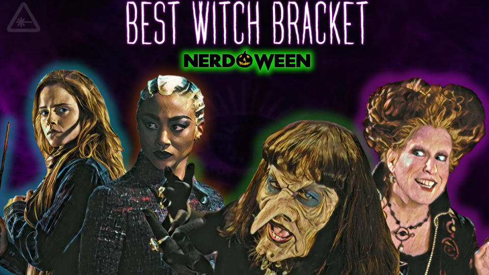 Hermione, Prudence, the Grand High Witch, and Winifred Sanderson in the banner for the Best pop culture witch bracket