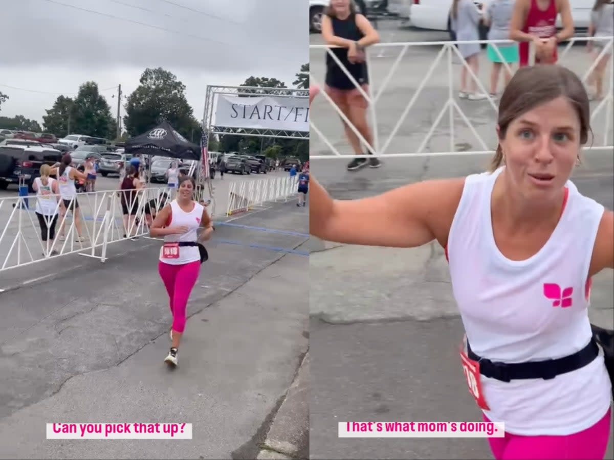 Mother goes viral after helping her children pick up trash right as she finishes 5K race (jogginandjokin/Instagram)