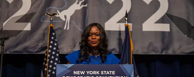 Assemblymember Rodneyse Bichotte Hermelyn (D-Brooklyn) speaks at the New York State Democratic Convention, Feb. 17, 2022. (Photo: Hiram Alejandro Durán/ THE CITY)