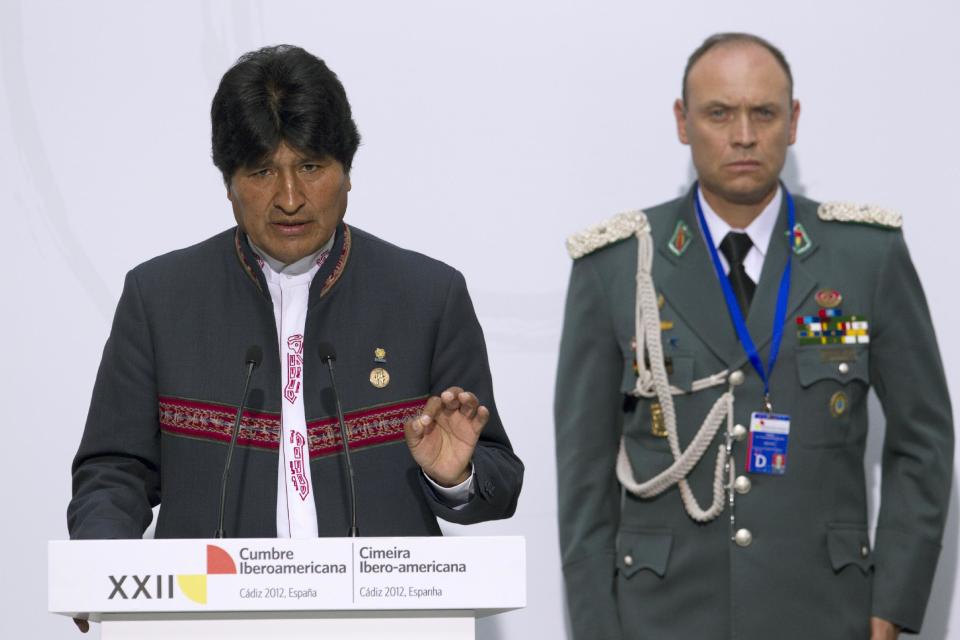 Bolivia's President Evo Morales Gestures during a press conference at the XXII Iberoamerican summit in the southern Spanish city of Cadiz, Saturday, Nov. 17, 2012. Spain's King Juan Carlos opened the annual Iberoamerican summit, which brings together the heads of Spain and Portugal and the leaders of Latin America to discuss political issues and arrange business deals.(AP Photo/Miguel Gomez)