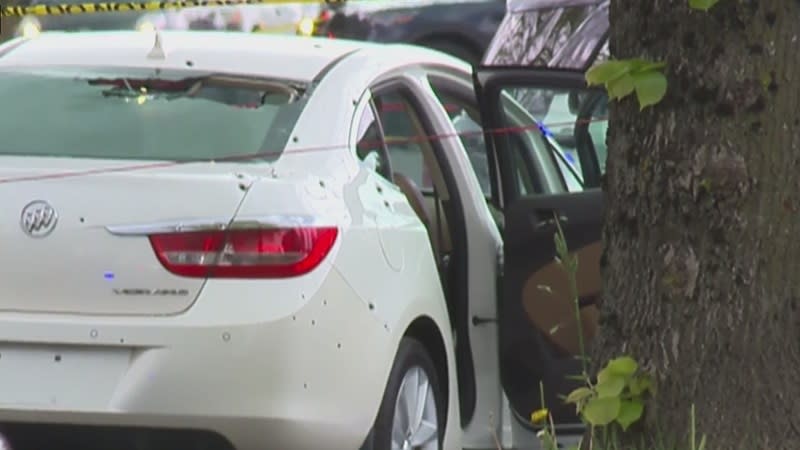 This bullet-riddled car was seen in the area of SE Powell and 86th in Portland, April 15, 2024 (KOIN)