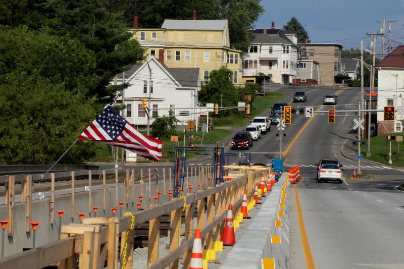 A view of construction work underway, in Waterville, Maine