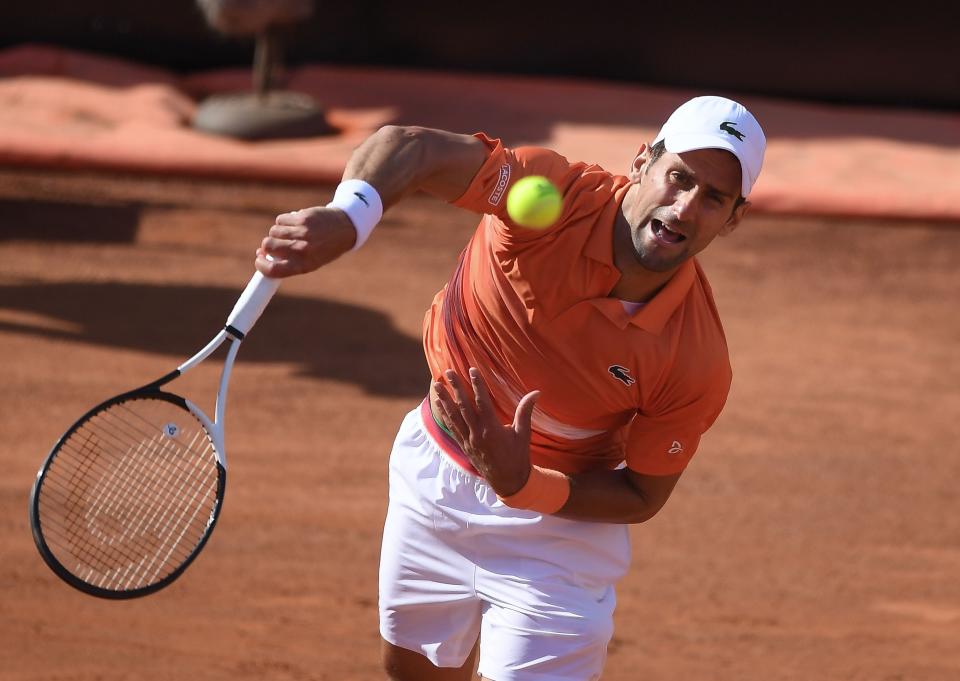 Seen here, Novak Djokovic serving against Stefanos Tsitsipas during the final of the Italian Open.