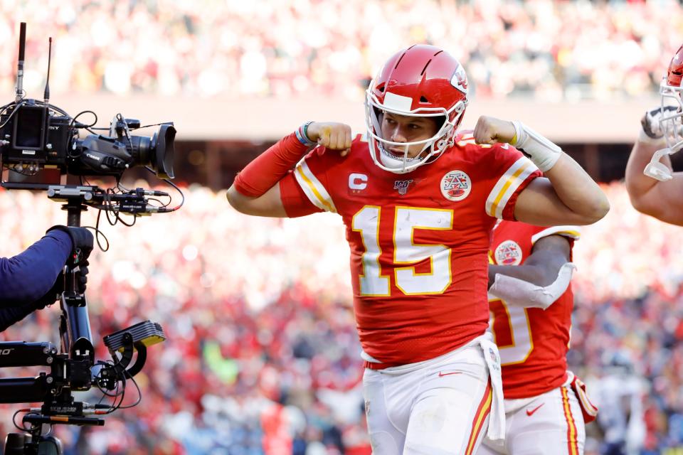 Kansas City Chiefs quarterback Patrick Mahomes reacts after scoring a touchdown during an NFL, AFC Championship football game Sunday, Jan. 19, 2020, in Kansas City, MO. The Chiefs won 35-24 to advance to Super Bowl 54. (AP Photo/Colin E. Braley) ORG XMIT: NYOTK