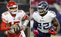 FILE - At left, in a Dec. 22, 2019, file photo, Kansas City Chiefs quarterback Patrick Mahomes scrambles against the Chicago Bears in the first half of an NFL football game in Chicago. At right, in a Dec. 29, 2019, file photo, Tennessee Titans running back Derrick Henry (22) rushes against the Houston Texans during the first half of an NFL football game in Houston. Derrick Henry has just about carried Tennessee's offense to the AFC championship game. The Titans have been stellar on defense as well. Now they take on Patrick Mahomes and the potent Kansas City Chiefs for a trip to the Super Bowl. (AP Photo/File)