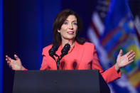 New York Gov. Kathy Hochul speaks before President Joe Biden arrives to deliver remarks on the CHIPS and Science Act at the Milton J. Rubenstein Museum in Syracuse, N.Y., Thursday, Apr. 25, 2024. (AP Photo/Adrian Kraus)