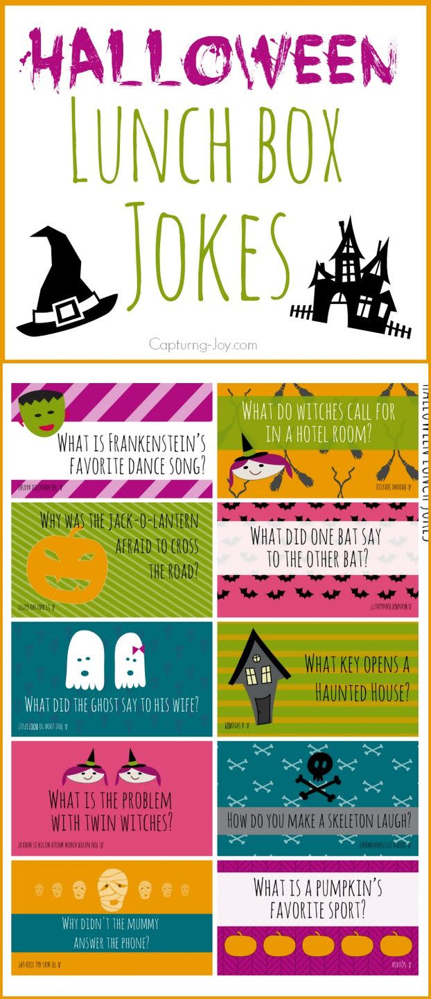 <p>What key opens a haunted house? What did the ghost say to his wife? They’ll find out these punchlines and more when they open their lunchbox to find a Halloween joke tucked right in next to the nosh. These free printables make it easy to toss in a new one each day. Smiles guaranteed! </p><p><em><a href="https://www.kristendukephotography.com/halloween-jokes/" rel="nofollow noopener" target="_blank" data-ylk="slk:Get the printable at Kristen Duke Photography »;elm:context_link;itc:0;sec:content-canvas" class="link ">Get the printable at Kristen Duke Photography »</a></em></p>