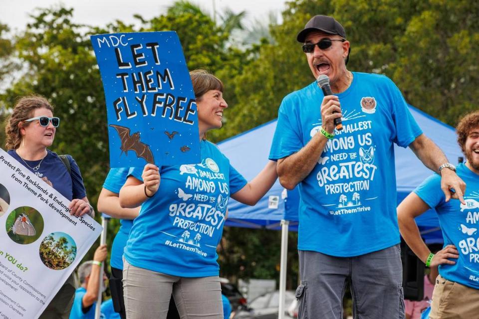 Ron Magill, the communications director at Zoo Miami leads a group of South Florida residents during a rally to convince the Miami-Dade commission to vote against the controversial plan to build the Miami Wilds water park next to Zoo Miami, on Saturday, November 4, 2023.