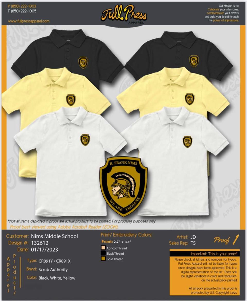 Black, yellow, and white collared shirts with the Nims Middle School logo.