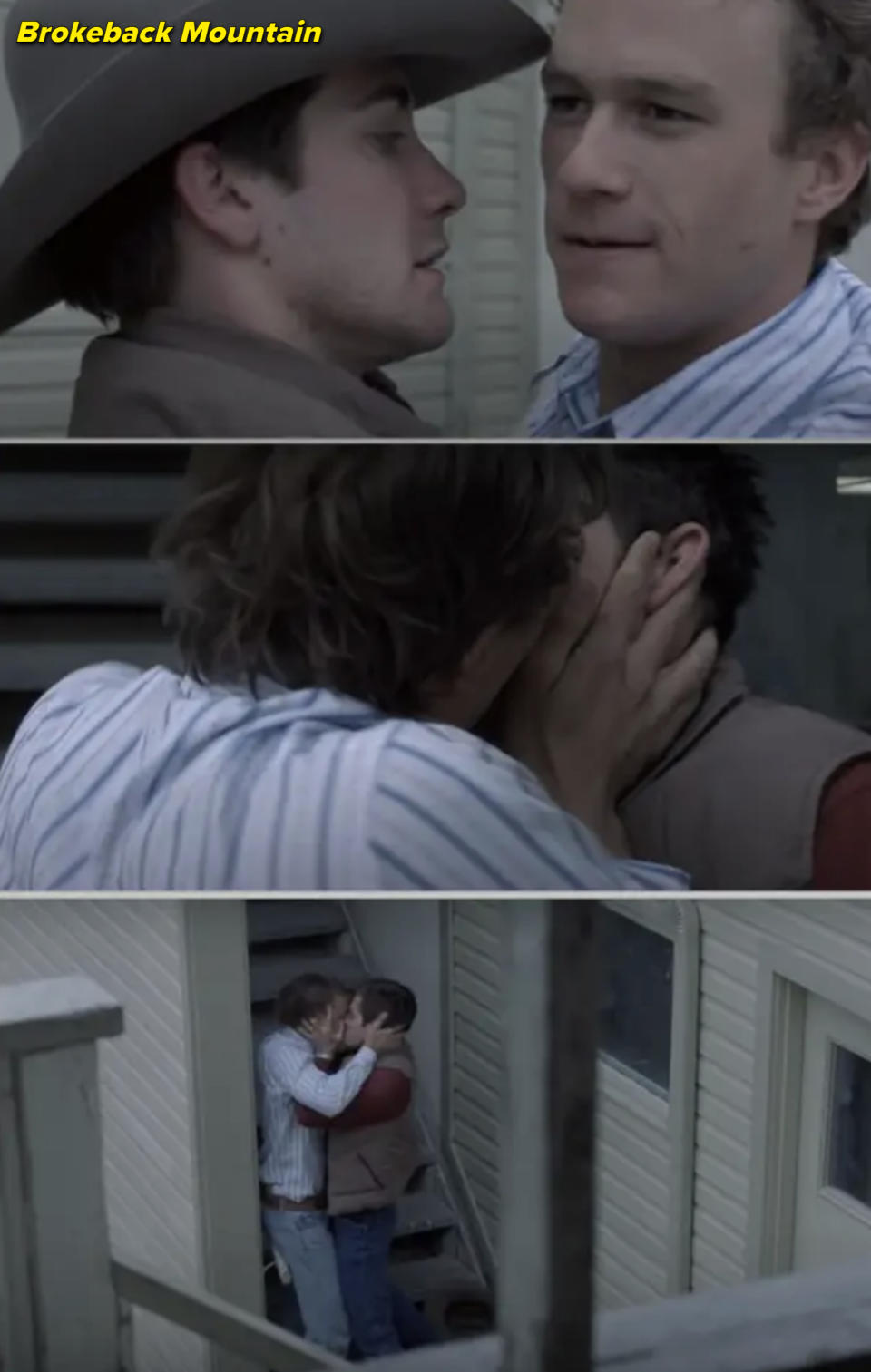 Three scenes from Brokeback Mountain show intimate moments between Heath Ledger and Jake Gyllenhaal's characters